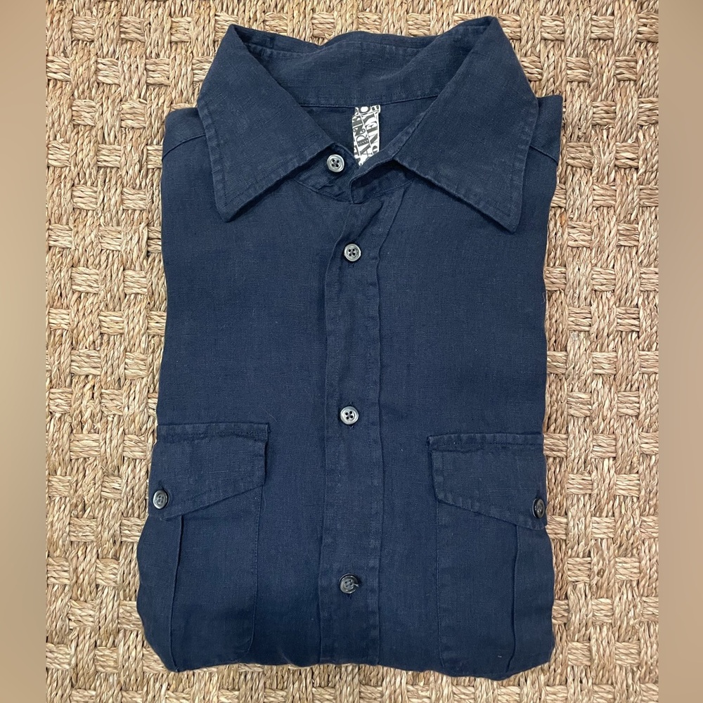 Barney’s Men’s Dark Blue Linen Button Up Shirt